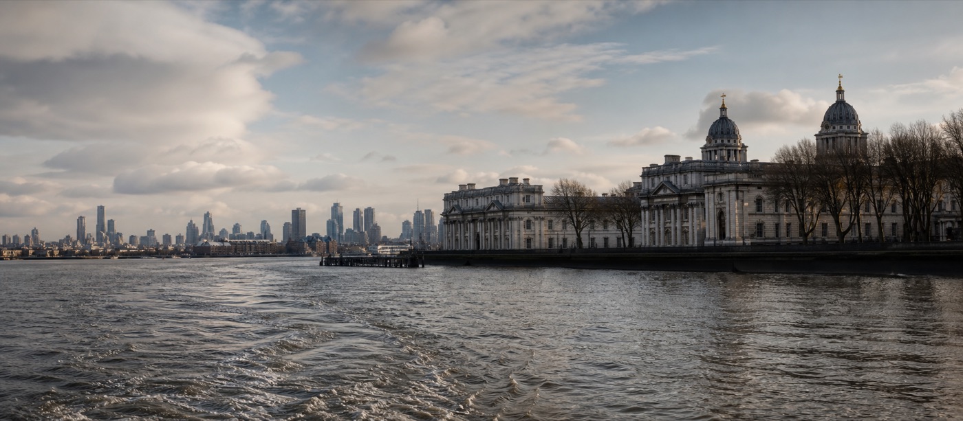 Greenwich and the London skyline beneath a clearing sky
