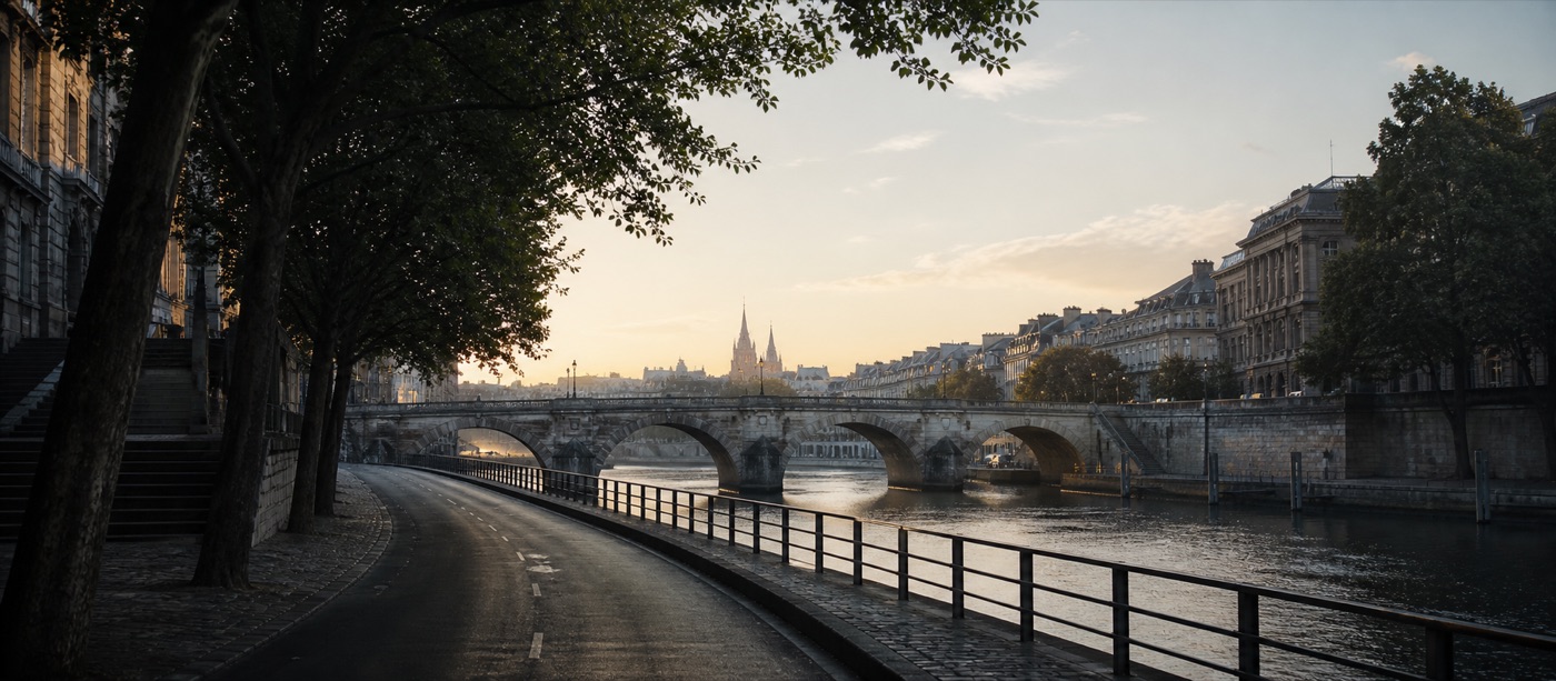 An empty riverside road in Paris in the early morning