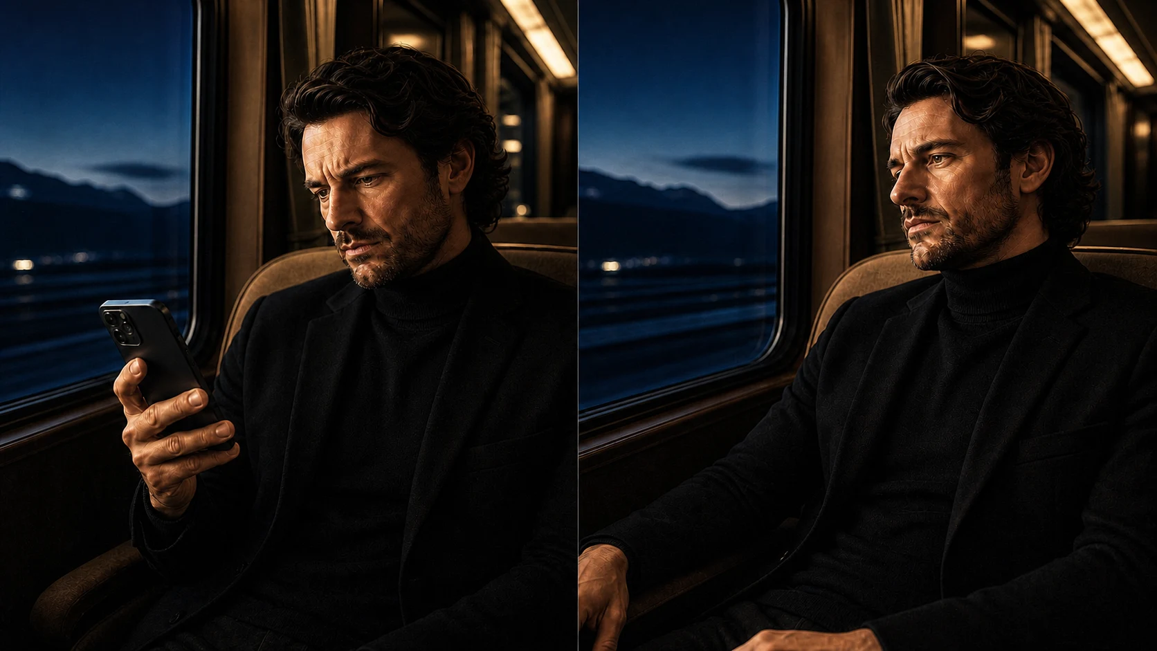 Illustrative comparison: fictional Alex Morgan working through a phone on a train, then looking out of the window after handing the work to Saint