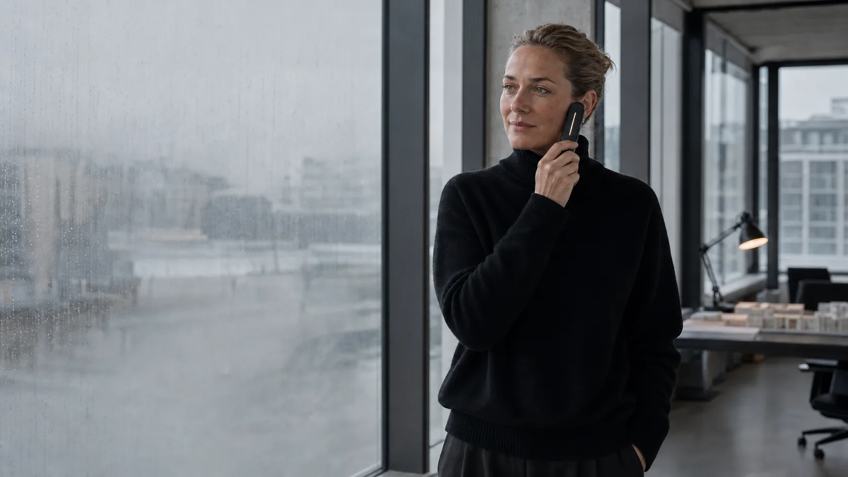 AI-generated V4.3 design-intent study of a woman listening privately with the slender SA-NT instrument in a daylit Helsinki studio