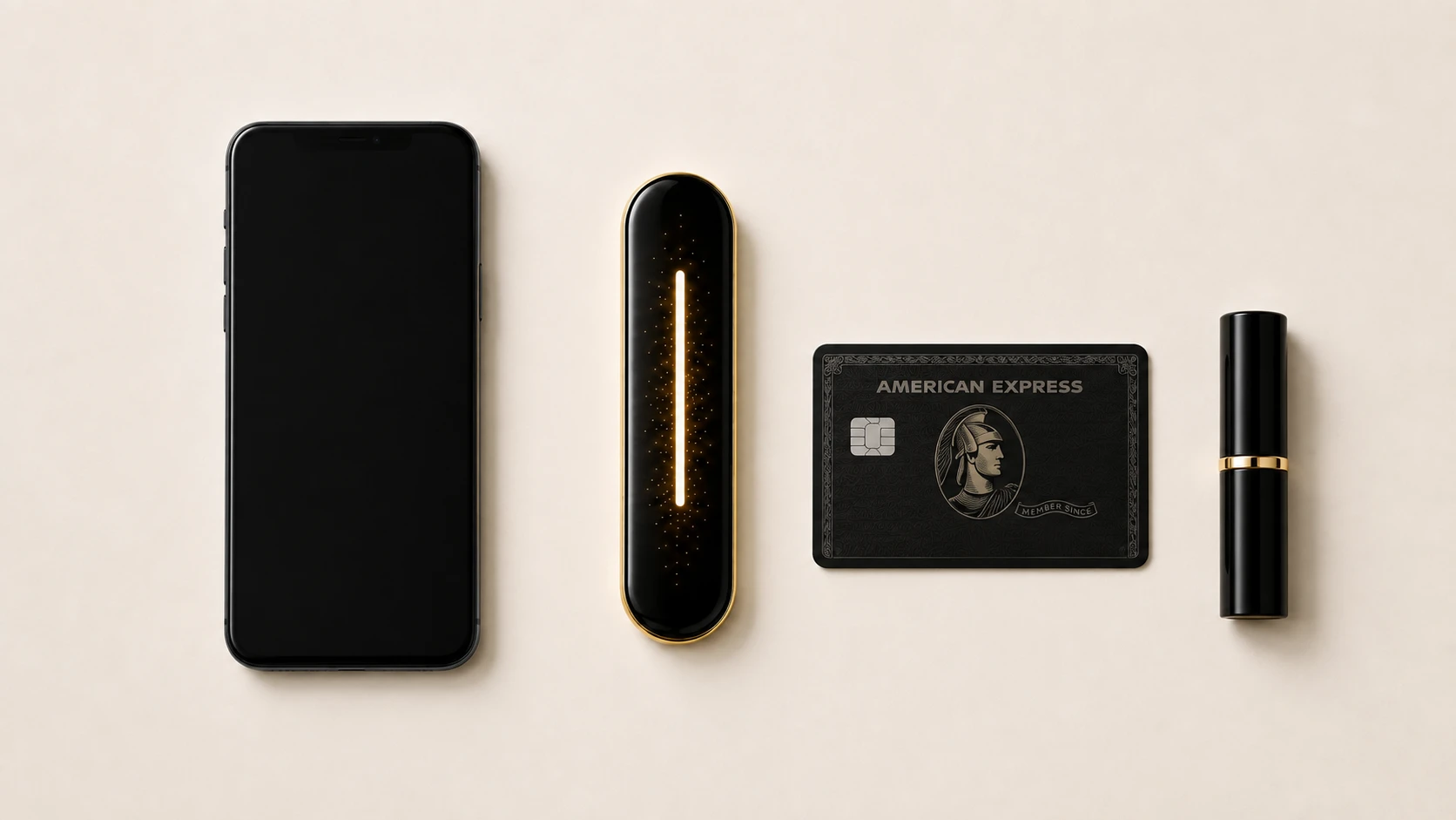 SAINT's slender V5.2 instrument beside a smartphone, black Amex card and closed lipstick; generated scale comparison