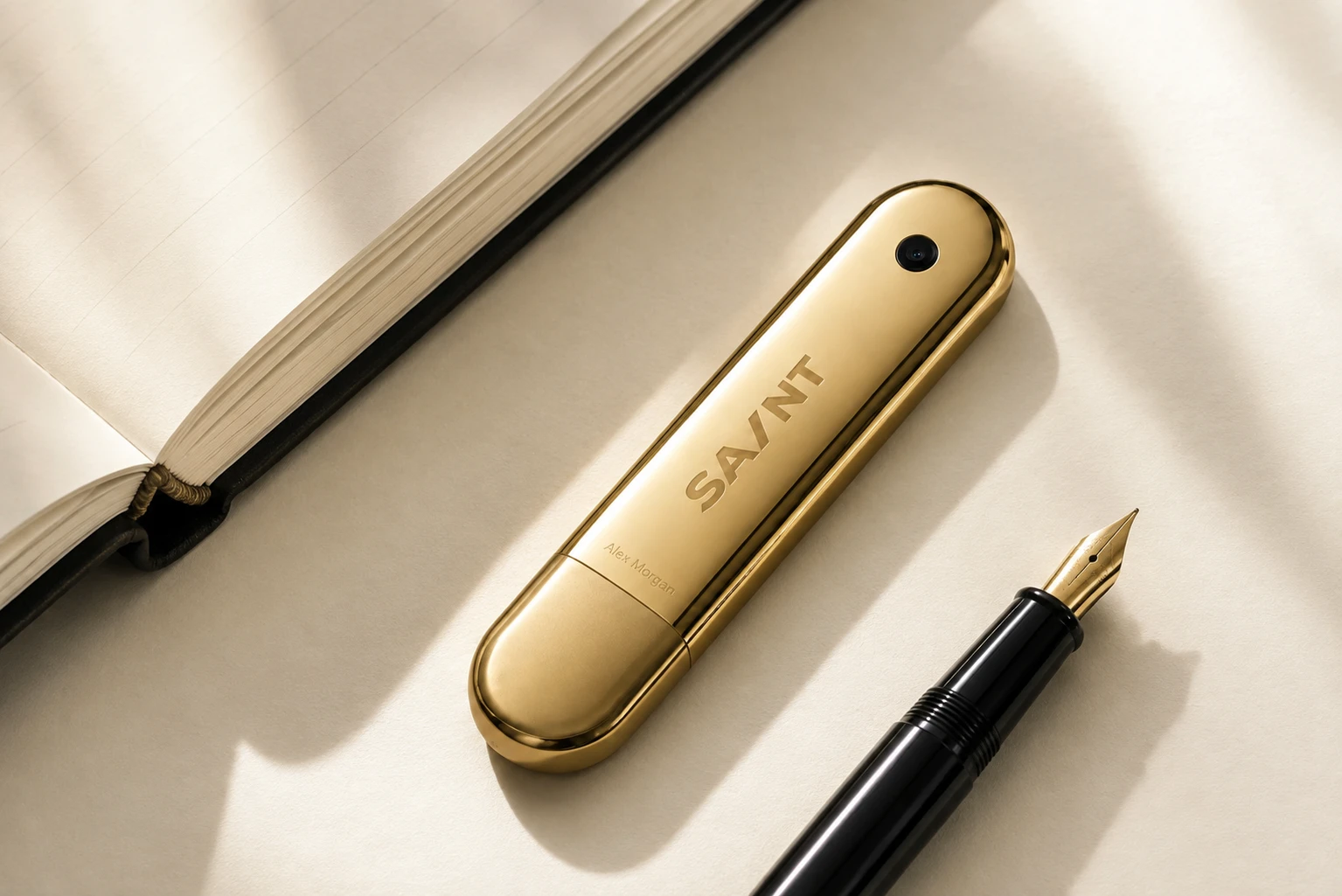 AI-generated V5.2 polished gold rear beside a notebook and pen; fictional Alex Morgan monogram placement