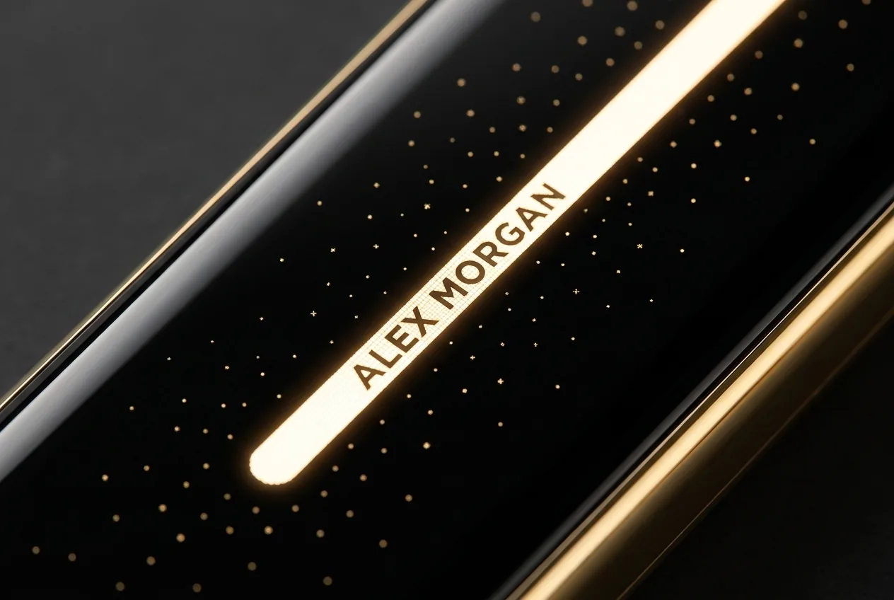 AI-generated V5.3 macro study: the lit line writing the name of a fictional caller, the letters cut out of the light