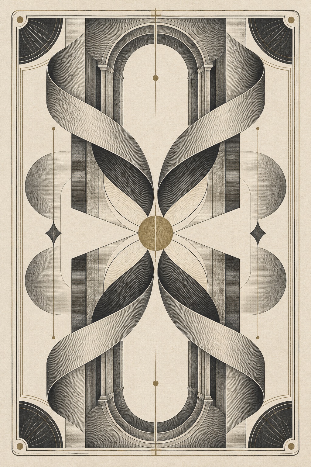 Decorative card artwork with engraved ribbons and a muted gold centre