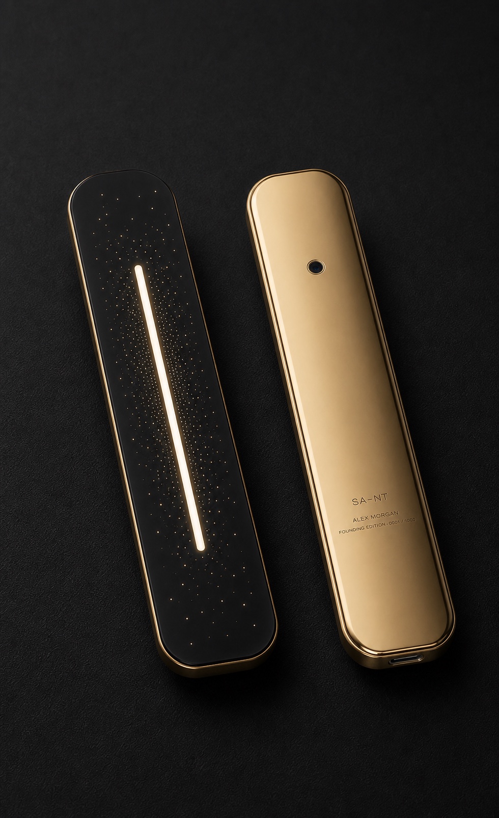 AI-generated polished-gold V4.3 Founding Edition appearance study with one-body reverse
