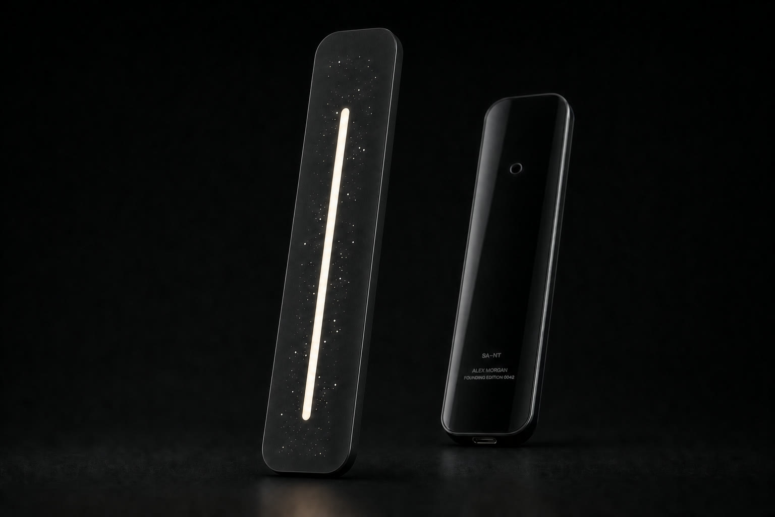 AI-generated V4.3 SA-NT appearance study calibrated to the approved R8.2 silhouette, showing the common constellation face and piano-black personal body